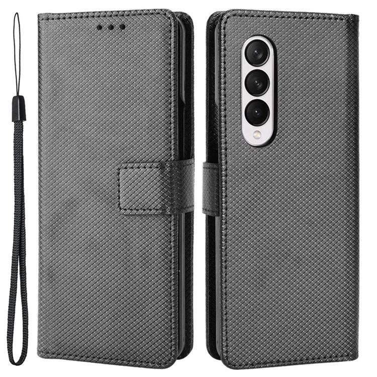 For Samsung Galaxy Z Fold4 5G Wallet Phone Case Diamond Texture Stand PU Leather Protective Folio Flip Cover - Black