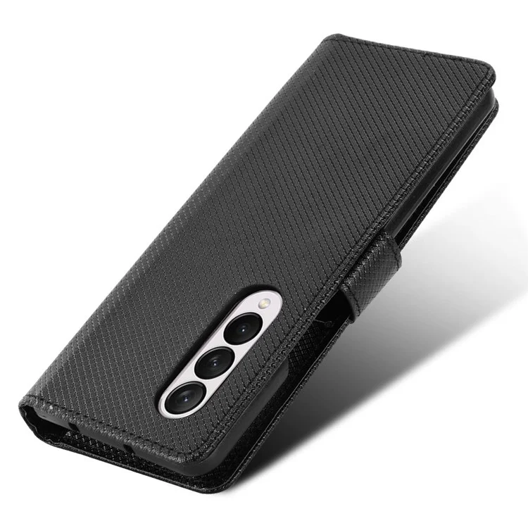 For Samsung Galaxy Z Fold4 5G Wallet Phone Case Diamond Texture Stand PU Leather Protective Folio Flip Cover - Black