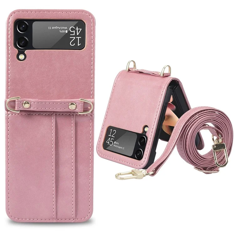 For Samsung Galaxy Z Flip4 5G Phone Cover with One-piece Design Anti-scratch PU Leather + PC Mobile Phone Case with Long Lanyard Card Holder - Pink