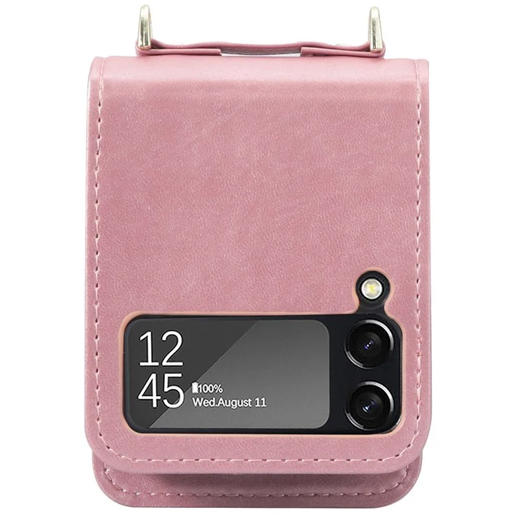 For Samsung Galaxy Z Flip4 5G Phone Cover with One-piece Design Anti-scratch PU Leather + PC Mobile Phone Case with Long Lanyard Card Holder - Pink