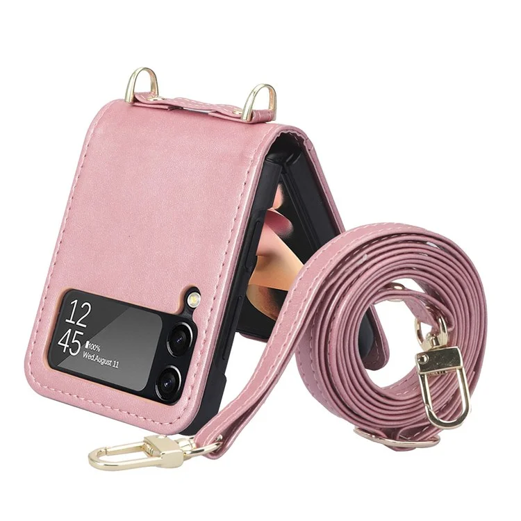 For Samsung Galaxy Z Flip4 5G Phone Cover with One-piece Design Anti-scratch PU Leather + PC Mobile Phone Case with Long Lanyard Card Holder - Pink
