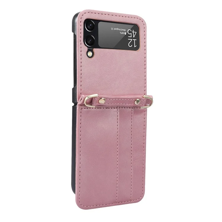 For Samsung Galaxy Z Flip4 5G Phone Cover with One-piece Design Anti-scratch PU Leather + PC Mobile Phone Case with Long Lanyard Card Holder - Pink