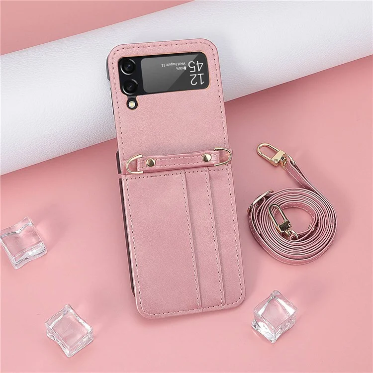 For Samsung Galaxy Z Flip4 5G Phone Cover with One-piece Design Anti-scratch PU Leather + PC Mobile Phone Case with Long Lanyard Card Holder - Pink