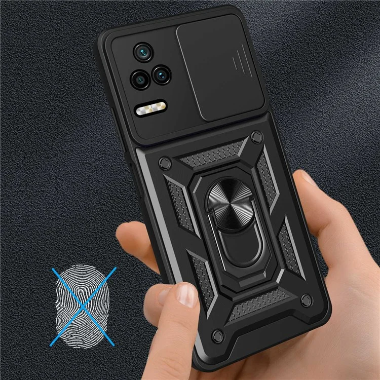 Per Xiaomi Poco F4 5G / Redmi K40S 5G Supporto da Tavolo PC + Custodia Ibrida TPU Protezione Scorrevole per la Fotocamera - Nero