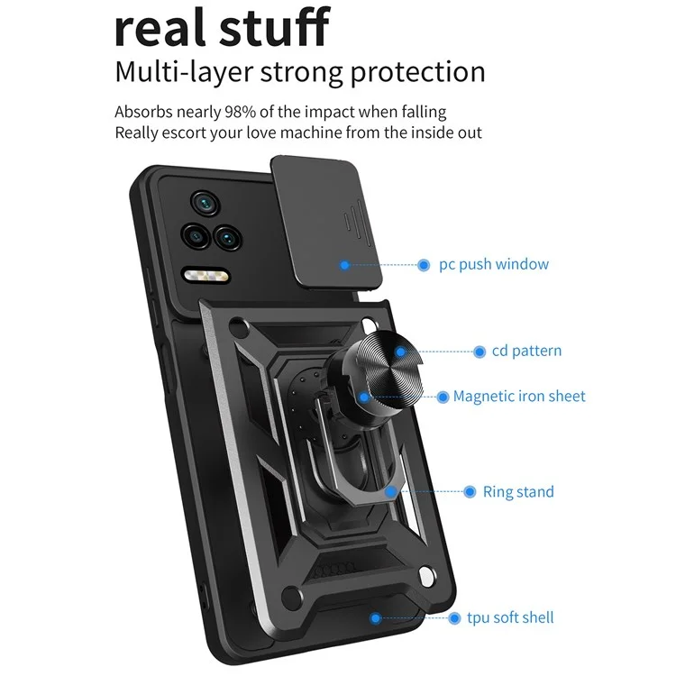 Per Xiaomi Poco F4 5G / Redmi K40S 5G Supporto da Tavolo PC + Custodia Ibrida TPU Protezione Scorrevole per la Fotocamera - Nero