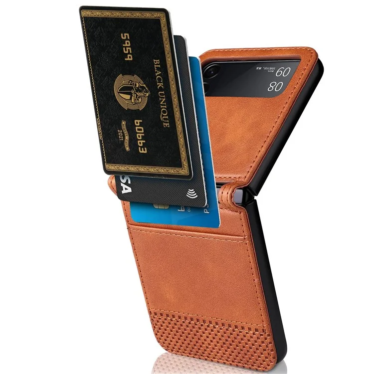 For Samsung Galaxy Z Flip4 5G Anti-fall Phone Cover Vintage Texture One-Piece Design PU Leather Coated PC Phone Case Shell with Card Slot - Brown