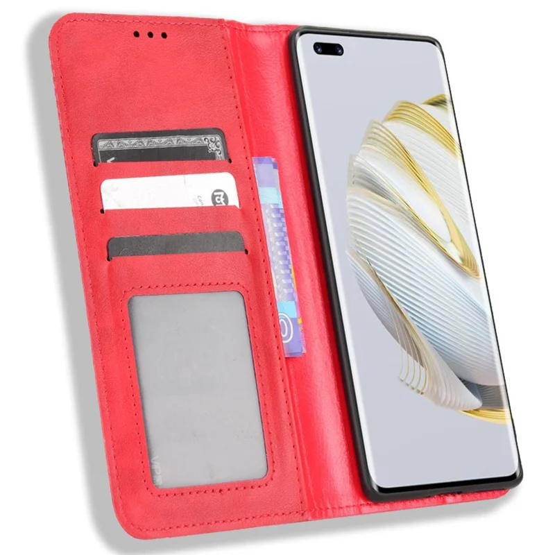Pour Huawei Nova 10 4G Flip Auto Clôture Magnétique Retro PU Portefeuille en Cuir du Support Couvre de Coque de la Coque de la Coque du Téléphone - Rouge