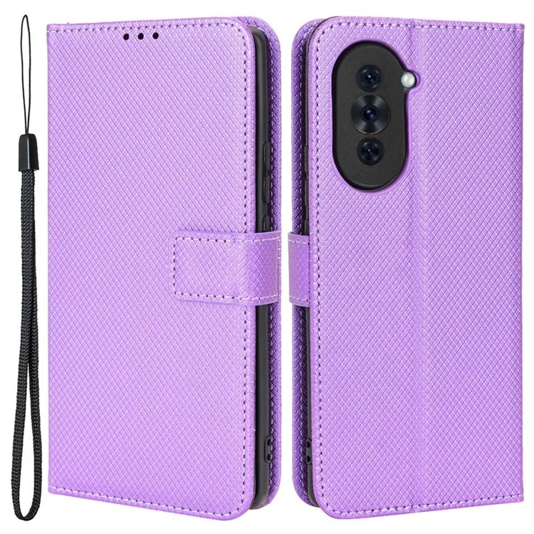 For Huawei nova 10 Pro 4G Diamond Texture PU Leather Phone Cover Wear-resistant Stand Wallet Feature Case with Wrist Strap - Purple