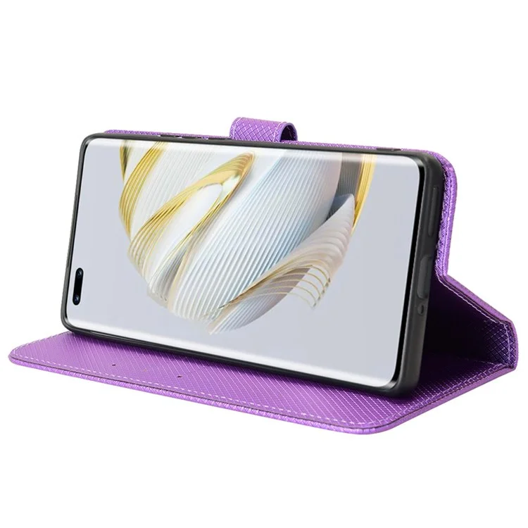 For Huawei nova 10 Pro 4G Diamond Texture PU Leather Phone Cover Wear-resistant Stand Wallet Feature Case with Wrist Strap - Purple