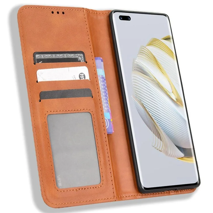 Retro PU Leather Anti-dust Wallet Case for Huawei nova 10 Pro 4G, Magnetic Stand Function Flip Auto Closing Phone Cover - Brown