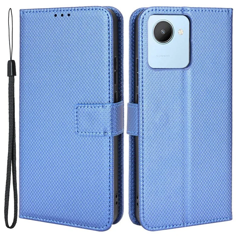 Para Realme C30 4G Suporte Stand Wallet Case Pulseira Strap Diamond Texture PU Couro Tampa do Telefone - Azul