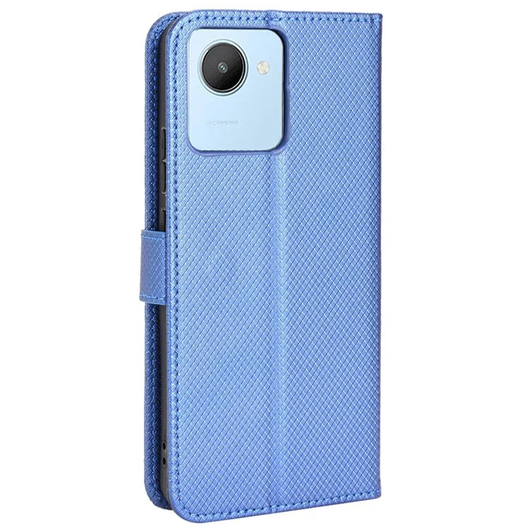 Para Realme C30 4G Suporte Stand Wallet Case Pulseira Strap Diamond Texture PU Couro Tampa do Telefone - Azul