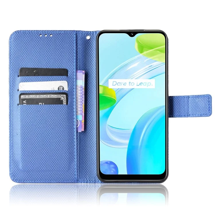 Para Realme C30 4G Suporte Stand Wallet Case Pulseira Strap Diamond Texture PU Couro Tampa do Telefone - Azul