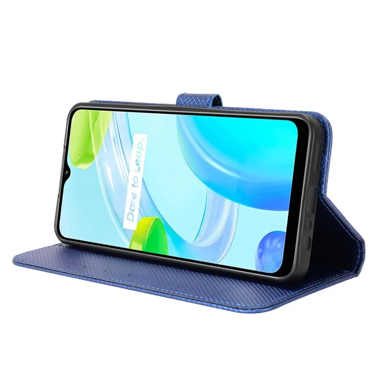Para Realme C30 4G Suporte Stand Wallet Case Pulseira Strap Diamond Texture PU Couro Tampa do Telefone - Azul