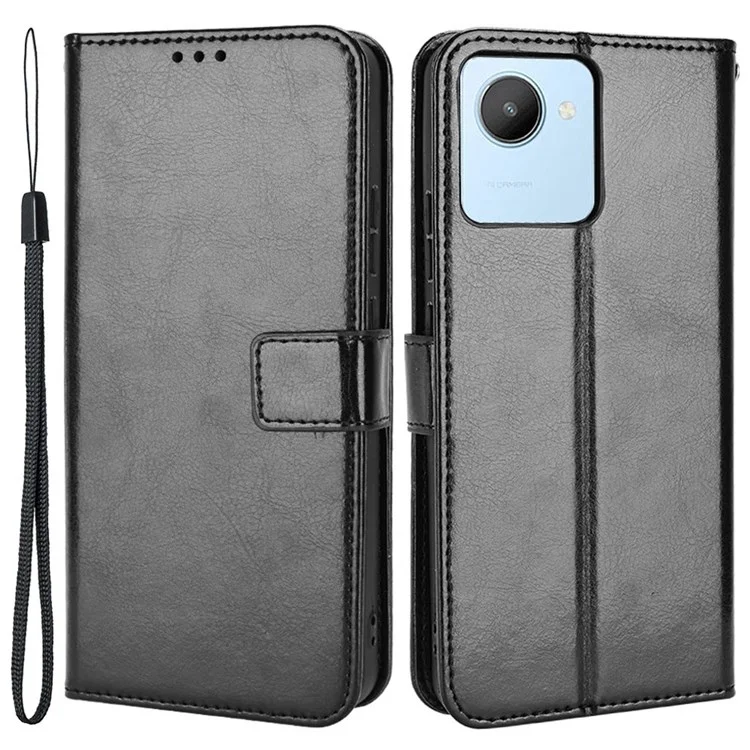 Mobile Phone Case Bag for Realme C30 4G, Crazy Horse Texture PU Leather Cover Stand Wallet - Black