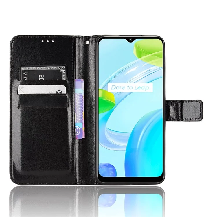 Mobile Phone Case Bag for Realme C30 4G, Crazy Horse Texture PU Leather Cover Stand Wallet - Black