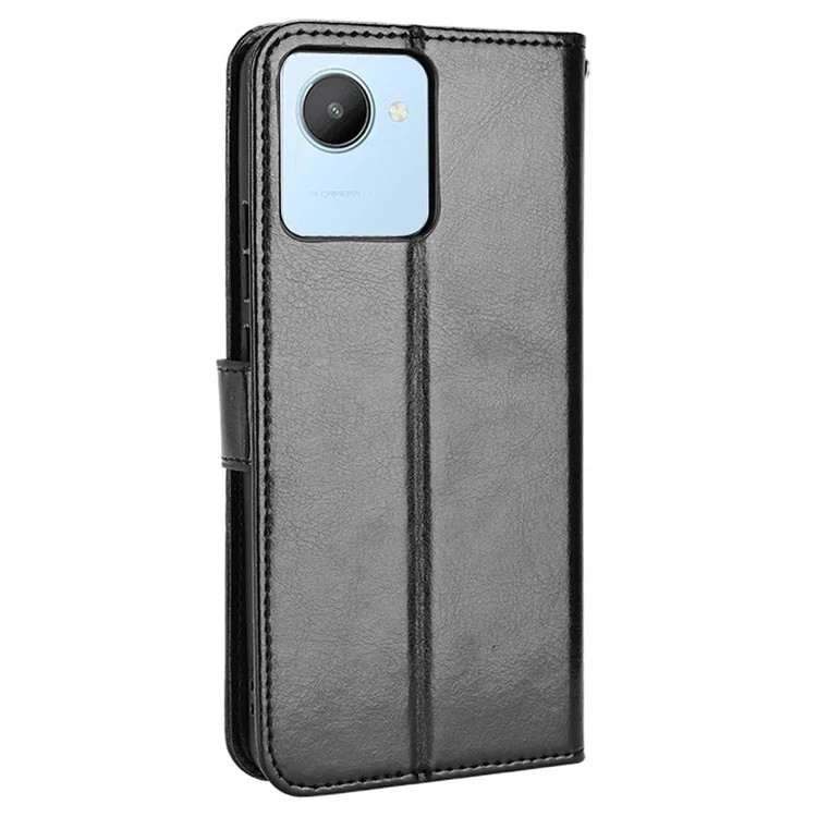 Mobile Phone Case Bag for Realme C30 4G, Crazy Horse Texture PU Leather Cover Stand Wallet - Black