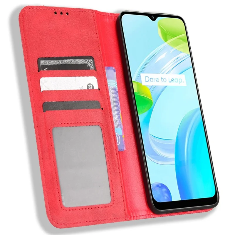 Flip-case af retro PU-læder med tegnefilmstil til Realme C30 4G, anti-fingeraftryk, med tegnebog og standfunktion, automatisk magnetisk lukning - Rød