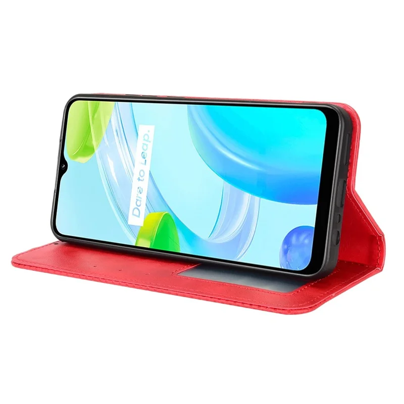 Flip-case af retro PU-læder med tegnefilmstil til Realme C30 4G, anti-fingeraftryk, med tegnebog og standfunktion, automatisk magnetisk lukning - Rød
