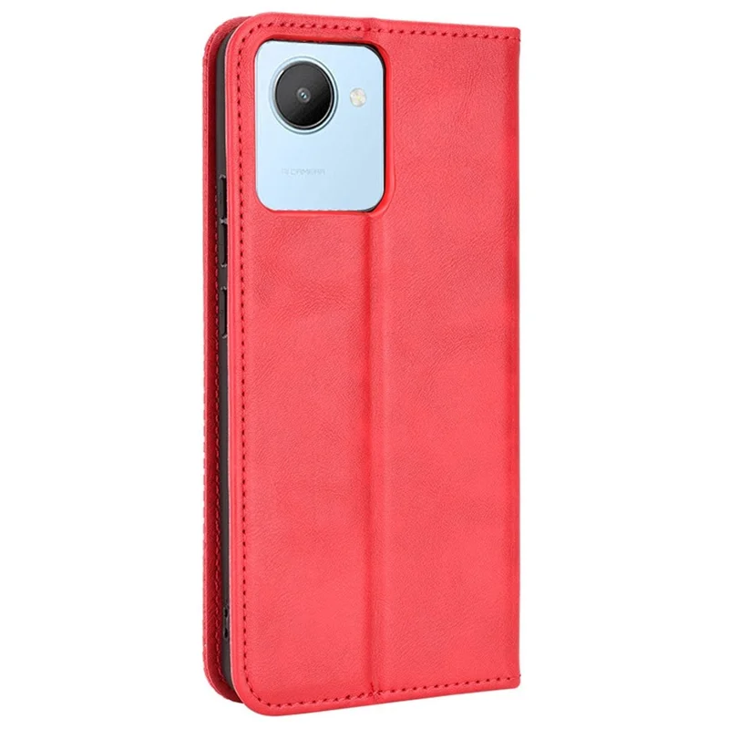 Flip-case af retro PU-læder med tegnefilmstil til Realme C30 4G, anti-fingeraftryk, med tegnebog og standfunktion, automatisk magnetisk lukning - Rød