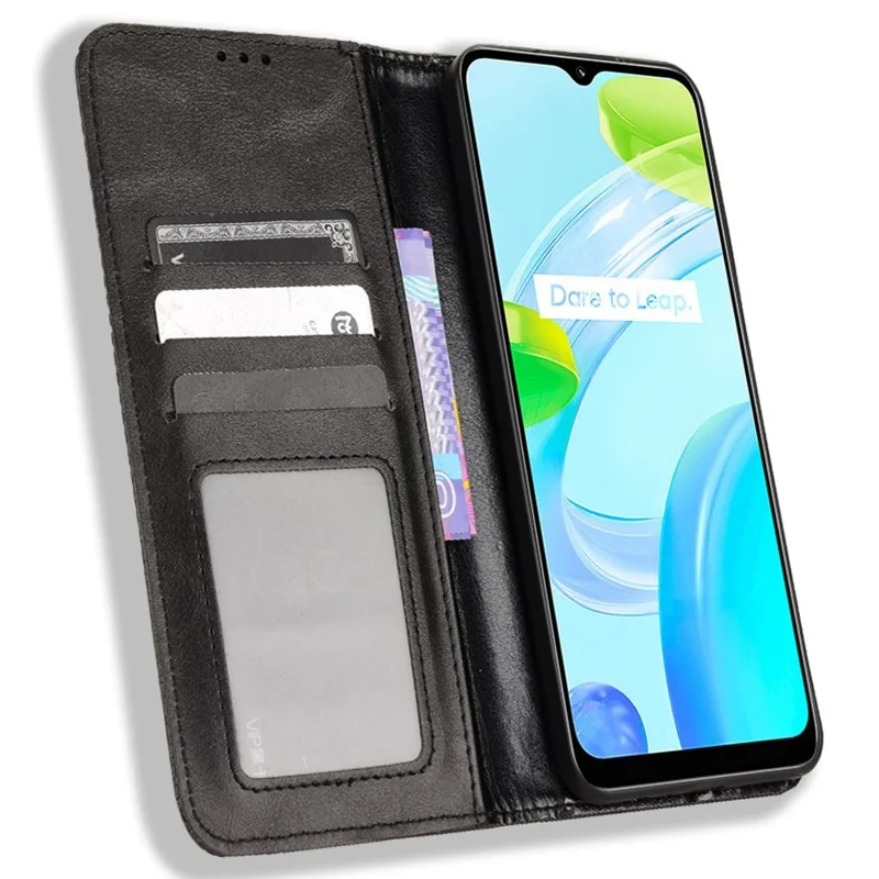 For Realme C30 4G Anti-fingerprint Retro PU Leather Wallet Case Stand Function Flip Auto Closing Magnetic Cover - Black