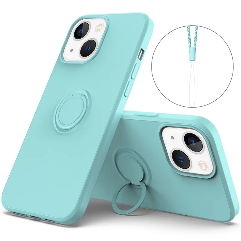 For iPhone 14 6.1 inch Cell Phone Case Magnetic Metal Sheet Design Ring Holder Kickstand Liquid Silicone Phone Cover with Wrist Strap - Sky Blue