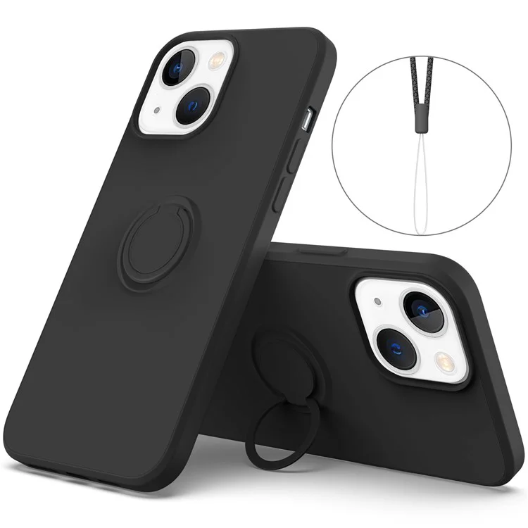 For iPhone 14 Plus 6.7 inch Easy Grip Ring Kickstand Liquid Silicone Phone Case Protective Back Cover with Wrist Strap - Black