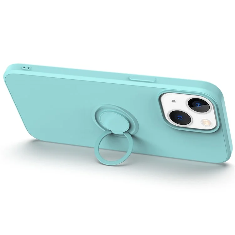 For iPhone 14 Plus 6.7 inch Easy Grip Ring Kickstand Liquid Silicone Phone Case Protective Back Cover with Wrist Strap - Black