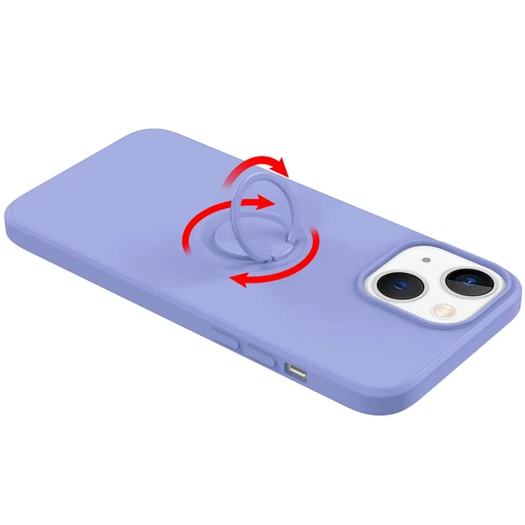 For iPhone 14 Plus 6.7 inch Easy Grip Ring Kickstand Liquid Silicone Phone Case Protective Back Cover with Wrist Strap - Black