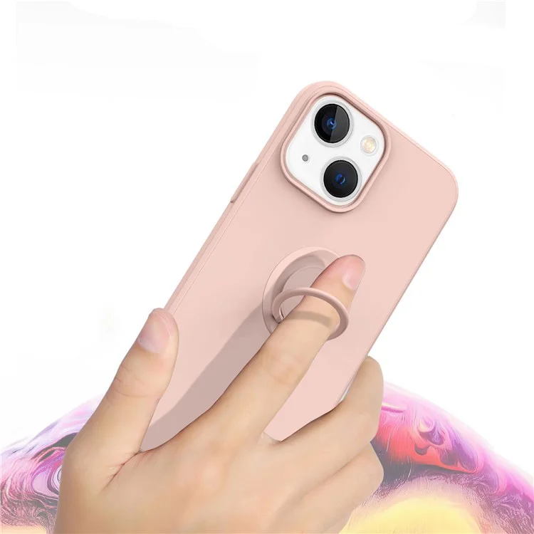 For iPhone 14 Plus 6.7 inch Easy Grip Ring Kickstand Liquid Silicone Phone Case Protective Back Cover with Wrist Strap - Black