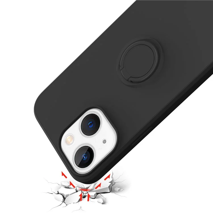 For iPhone 14 Plus 6.7 inch Easy Grip Ring Kickstand Liquid Silicone Phone Case Protective Back Cover with Wrist Strap - Black