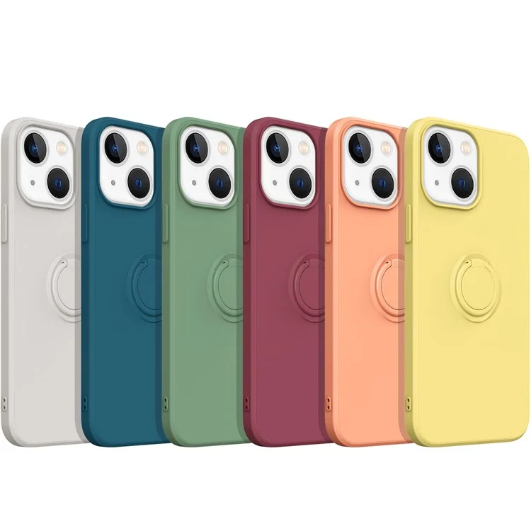 For iPhone 14 Plus 6.7 inch Easy Grip Ring Kickstand Liquid Silicone Phone Case Protective Back Cover with Wrist Strap - Black