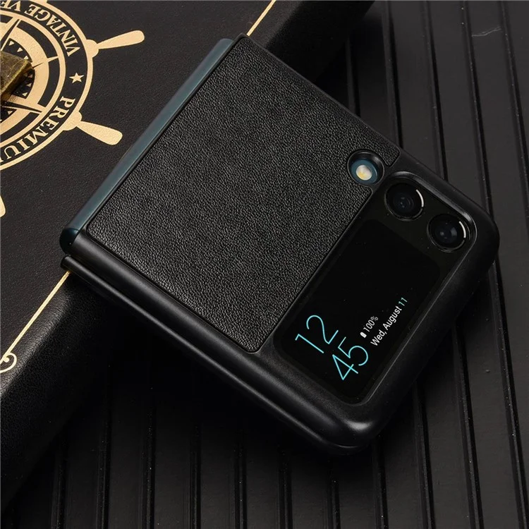 Para Samsung Galaxy Z Flip3 5G Capa de Telefone à Prova de Choque Revestida em Couro PU Texturizado Capa de Proteção de PC - Preto