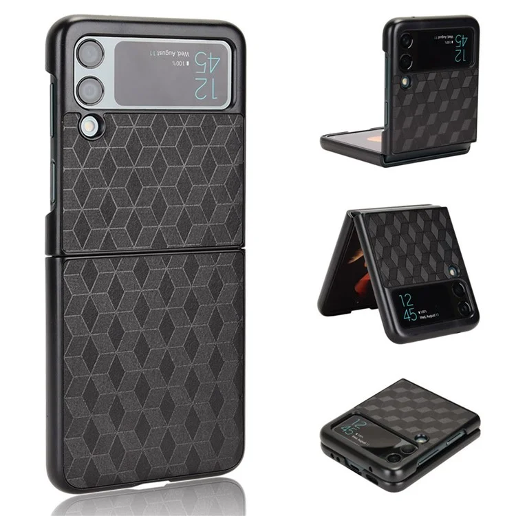 Для Samsung Galaxy Z Flip3 5G Rhombus Imprinted Folding Phone Case Anti-drop PU Leather Coated PC Cover - Black