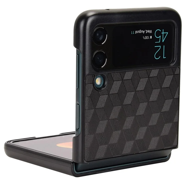 Для Samsung Galaxy Z Flip3 5G Rhombus Imprinted Folding Phone Case Anti-drop PU Leather Coated PC Cover - Black