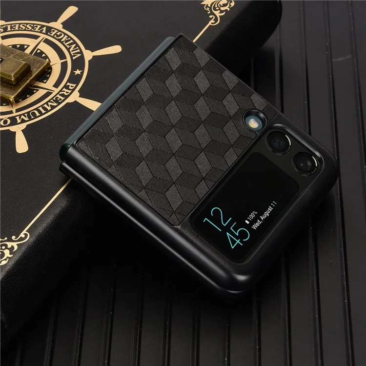Для Samsung Galaxy Z Flip3 5G Rhombus Imprinted Folding Phone Case Anti-drop PU Leather Coated PC Cover - Black