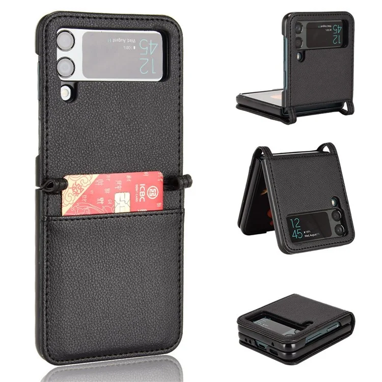 Para Samsung Galaxy Z Flip4 5G Litchi Texture PU Leather Coated PC Phone Case Shockproof One-piece Cell Phone Cover with Card Slot - Negro