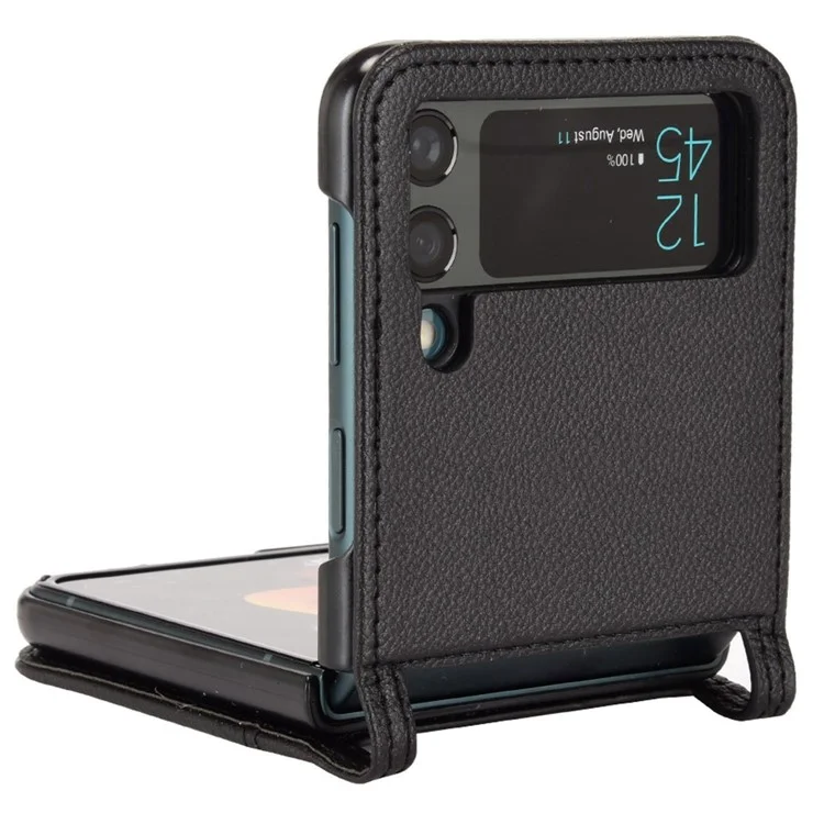Para Samsung Galaxy Z Flip4 5G Litchi Texture PU Leather Coated PC Phone Case Shockproof One-piece Cell Phone Cover with Card Slot - Negro