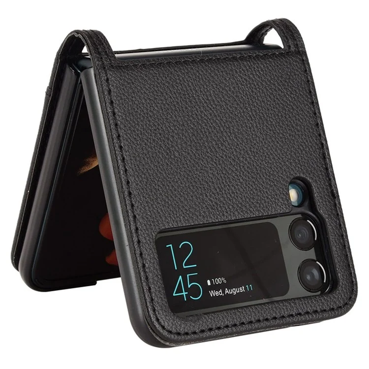 Para Samsung Galaxy Z Flip4 5G Litchi Texture PU Leather Coated PC Phone Case Shockproof One-piece Cell Phone Cover with Card Slot - Negro