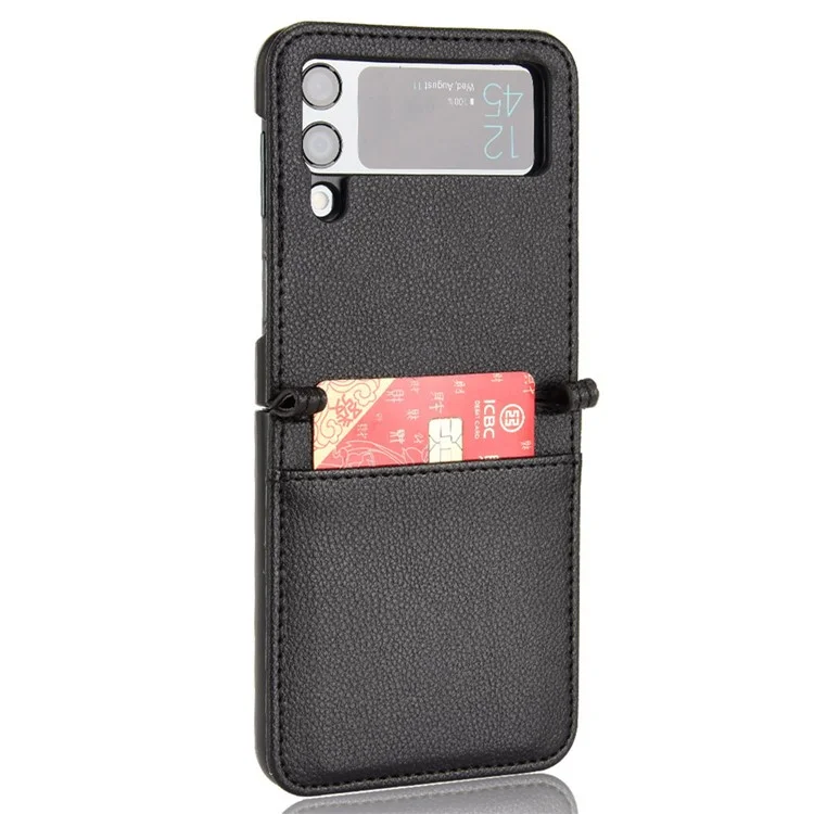 Para Samsung Galaxy Z Flip4 5G Litchi Texture PU Leather Coated PC Phone Case Shockproof One-piece Cell Phone Cover with Card Slot - Negro