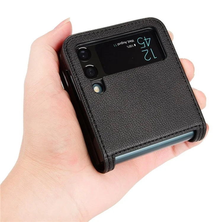 Para Samsung Galaxy Z Flip4 5G Litchi Texture PU Leather Coated PC Phone Case Shockproof One-piece Cell Phone Cover with Card Slot - Negro