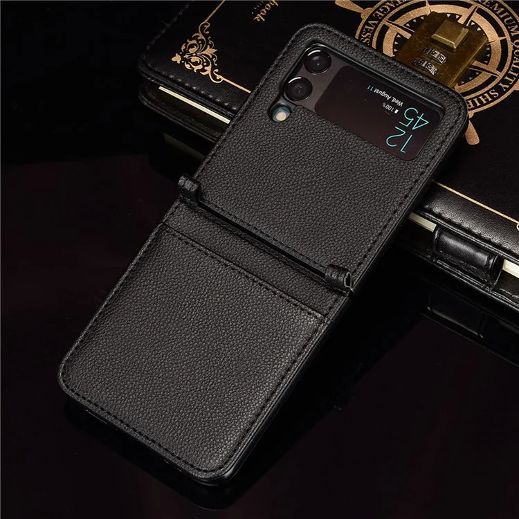 Para Samsung Galaxy Z Flip4 5G Litchi Texture PU Leather Coated PC Phone Case Shockproof One-piece Cell Phone Cover with Card Slot - Negro