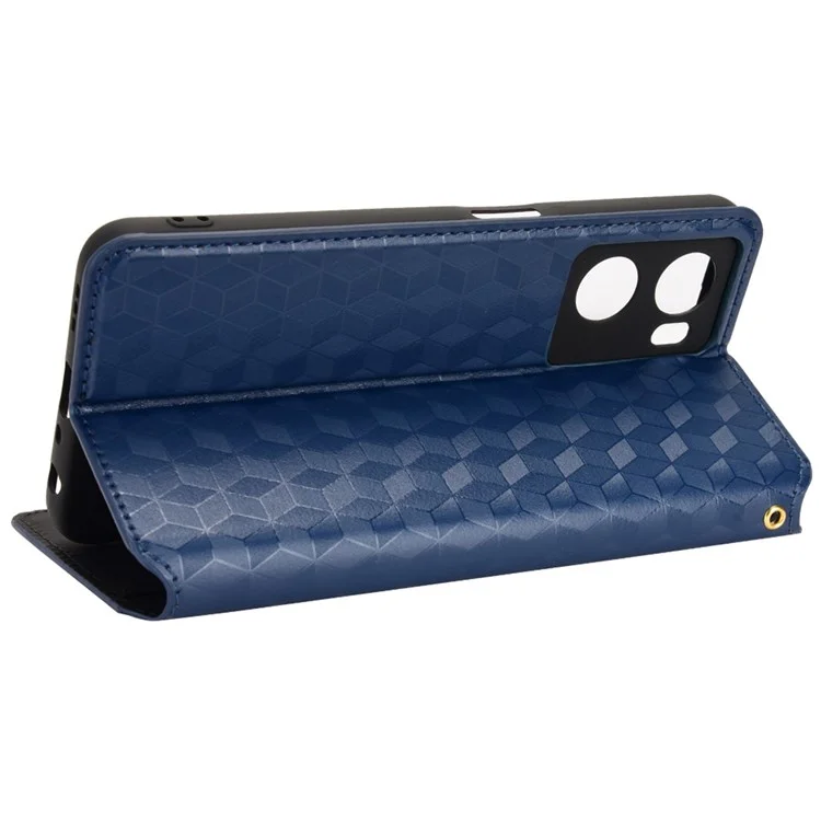 For Oppo A57 4G / A57s 4G / A57 (2022) 5G / A77 5G Magnetic Absorption Imprinting Rhombus Pattern PU Leather Stand Wallet Case Cover - Blue