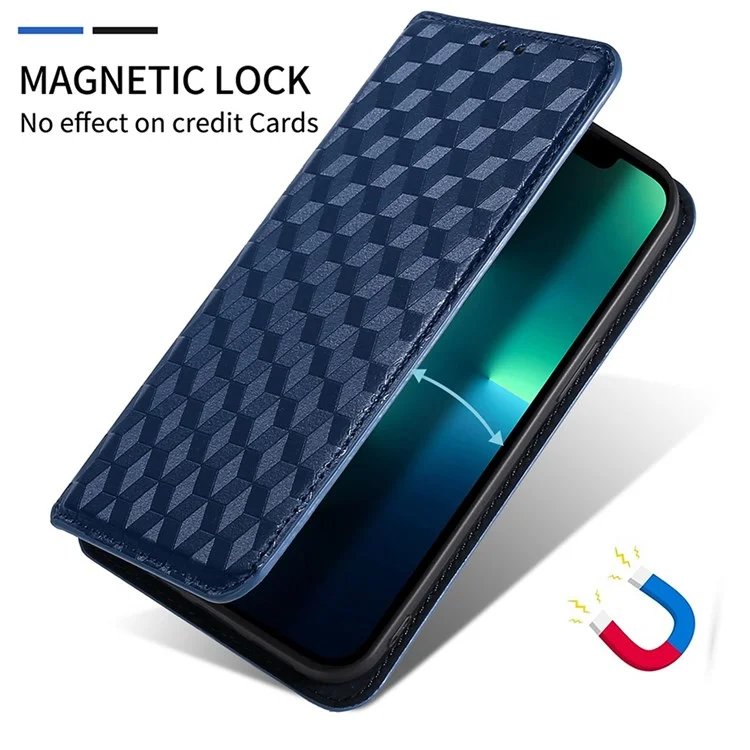 For Oppo A57 4G / A57s 4G / A57 (2022) 5G / A77 5G Magnetic Absorption Imprinting Rhombus Pattern PU Leather Stand Wallet Case Cover - Blue