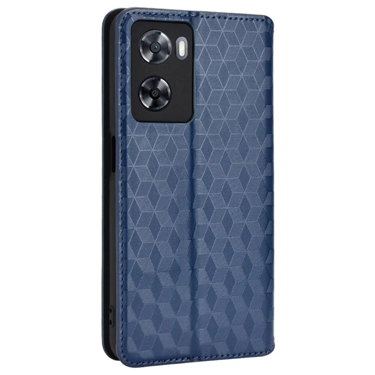 For Oppo A57 4G / A57s 4G / A57 (2022) 5G / A77 5G Magnetic Absorption Imprinting Rhombus Pattern PU Leather Stand Wallet Case Cover - Blue
