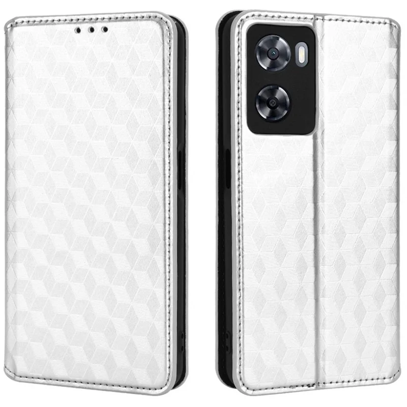 For Oppo A57 4G / A57s 4G / A57 (2022) 5G / A77 5G Magnetic Absorption Imprinting Rhombus Pattern PU Leather Stand Wallet Case Cover - Silver