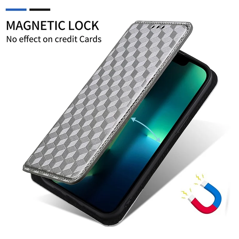 For Oppo A57 4G / A57s 4G / A57 (2022) 5G / A77 5G Magnetic Absorption Imprinting Rhombus Pattern PU Leather Stand Wallet Case Cover - Silver