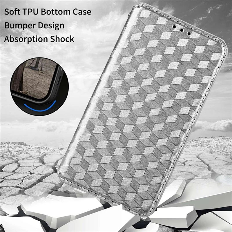 For Oppo A57 4G / A57s 4G / A57 (2022) 5G / A77 5G Magnetic Absorption Imprinting Rhombus Pattern PU Leather Stand Wallet Case Cover - Silver