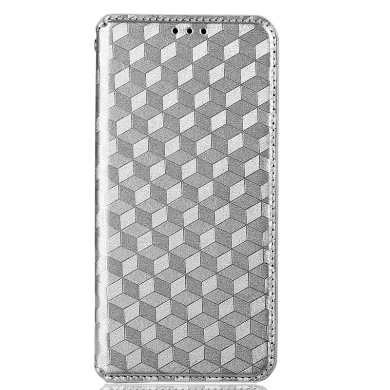 For Oppo A57 4G / A57s 4G / A57 (2022) 5G / A77 5G Magnetic Absorption Imprinting Rhombus Pattern PU Leather Stand Wallet Case Cover - Silver