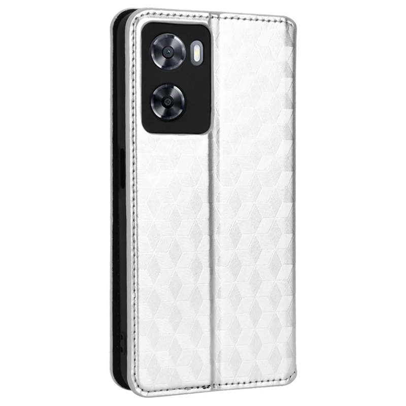 For Oppo A57 4G / A57s 4G / A57 (2022) 5G / A77 5G Magnetic Absorption Imprinting Rhombus Pattern PU Leather Stand Wallet Case Cover - Silver